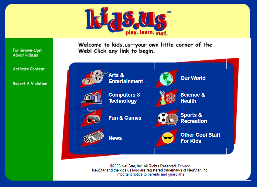 screenshot of early kids.us homepage